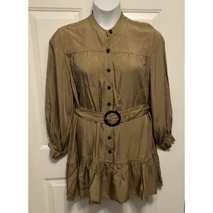 Banana Republic‎ Sz Large Belted Long Sleeve Rayon Button Up Dress Brown